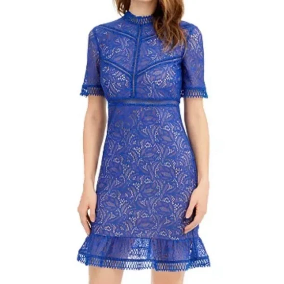 Bardot Womens Blue Fringed Lace Floral Short Sleeve Mandarin Collar Short Fit + Flare Evening Dress Size: 10 Bardot Womens Blue Fringed Lace Floral Short Sleeve Mandarin Collar Short Fit + Flare Evening Dress Size: 10